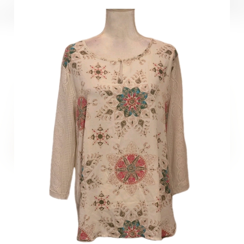 Van Heusen Women’s Boho Tunic Top L  Ivory Mandala Print Crochet Lace Sleeves